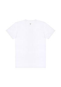 Biała koszulka z krótkim rękawem, z okrągłym dekoltem i małym detalem logo na plecach. Gładki bawełniany materiał, standardowy krój.
