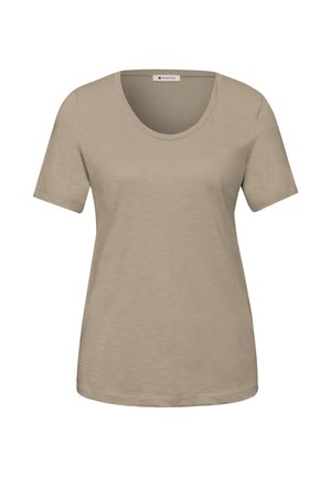 Beige korte mouwen dames T-shirt met ronde hals, effen ontwerp en lichte structuur in de stof.