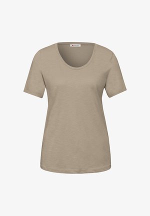 Beżowy damski t-shirt z krótkim rękawem, okrągłym dekoltem, gładki i z delikatną fakturą materiału.