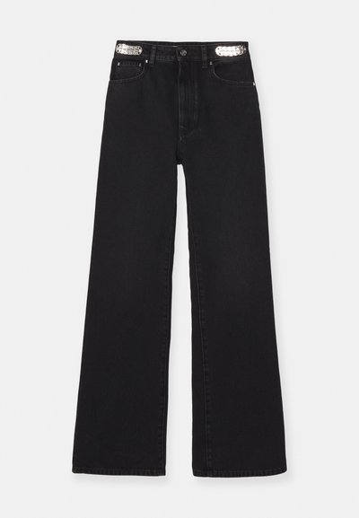 Black wide-leg jeans featuring a high waist, classic five-pocket design, and metallic accents on the waistband. Made of denim fabric.