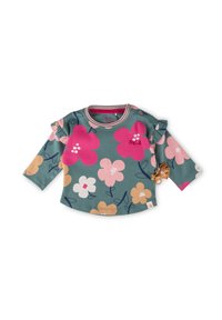 Blumenlangarmhemd in Teal mit rosa, orange und weißen Blumen. Verfügt über Rüschensäume und ein Etikett mit einem kleinen Tierdesign.