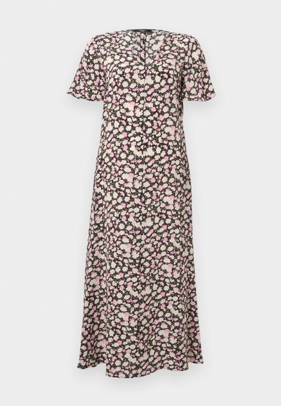 Μίντι φόρεμα με κοντά, φουσκωτά μανίκια, λαιμόκοψη σε σχήμα V και ρόζ και λευκά λουλούδια σε μαύρο φόντο.