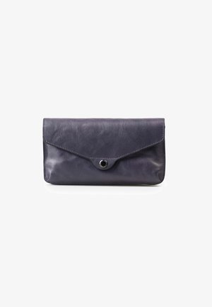 Navy leren clutch portemonnee met een gladde textuur, vouwachtig ontwerp en een ronde drukknoopsluiting aan de voorkant. Minimalistische esthetiek, geen patronen.