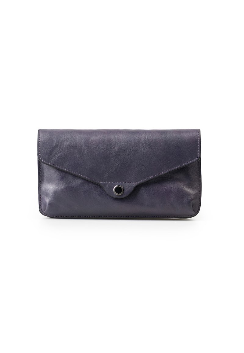 Borsa a portafoglio in pelle blu navy con texture liscia, design pieghevole e chiusura a scatto circolare sul davanti. Estetica minimalista, senza fantasie.