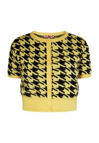 Rövidujjú kardigán sárga színben, fekete houndstooth mintával, elöl gombos záródással, bordázott nyakkivágással és hemmel.
