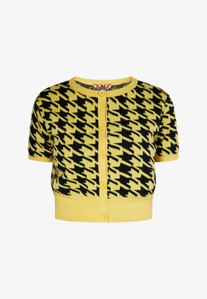 Kratka rokavna cardigan v rumeni barvi z črnim houndstooth vzorcem, z gumbnim zapiranjem spredaj ter rebrastim ovratnikom in robom.
