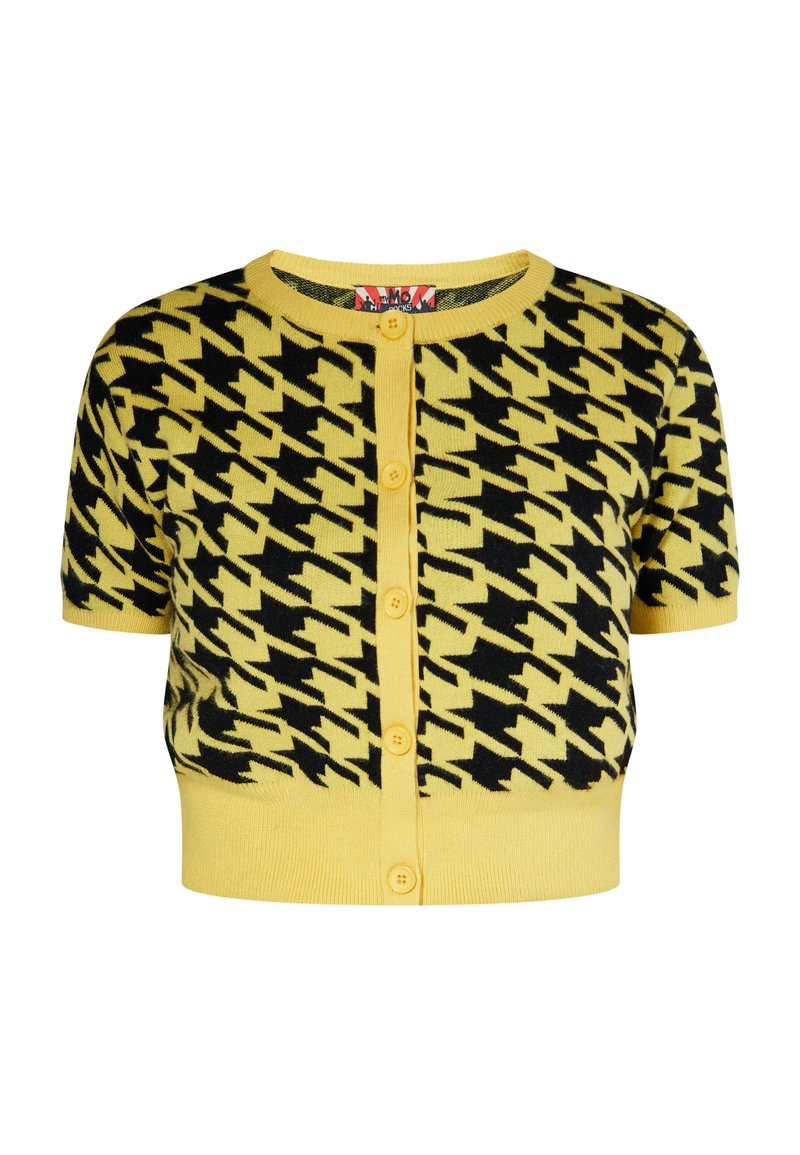 Rövidujjú kardigán sárga színben, fekete houndstooth mintával, elöl gombos záródással, bordázott nyakkivágással és hemmel.