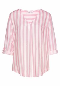 Blusa a righe rosa chiaro e bianca con scollatura a V, maniche a tre quarti arrotolate ai polsi e vestibilità ampia. Tessuto morbido e liscio.