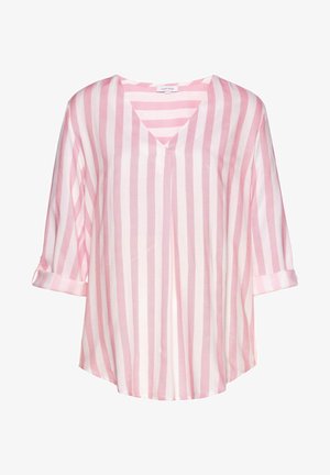 Hellrosa und weiß gestreifte Bluse mit V-Ausschnitt, drei Viertelärmeln, die an den Bündchen gerollt sind, und loser Passform. Weiche, glatte Stofftextur.