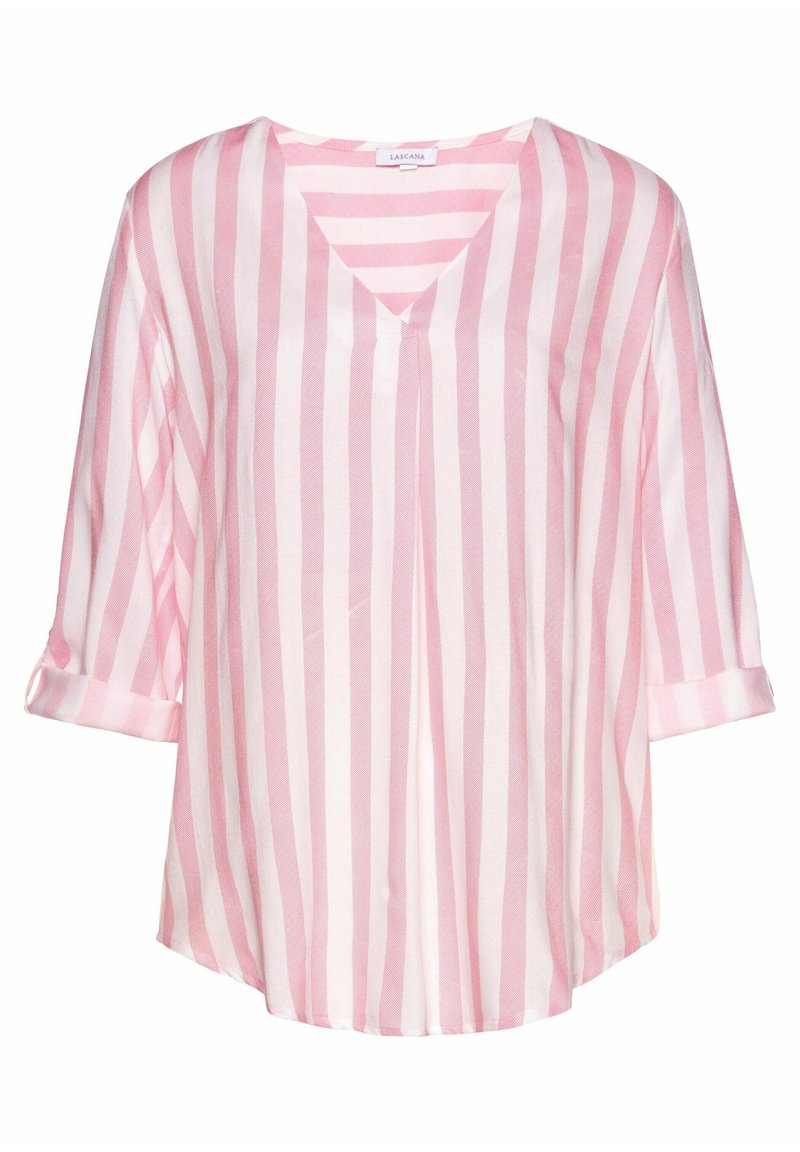 Blusa a righe rosa chiaro e bianca con scollatura a V, maniche a tre quarti arrotolate ai polsi e vestibilità ampia. Tessuto morbido e liscio.