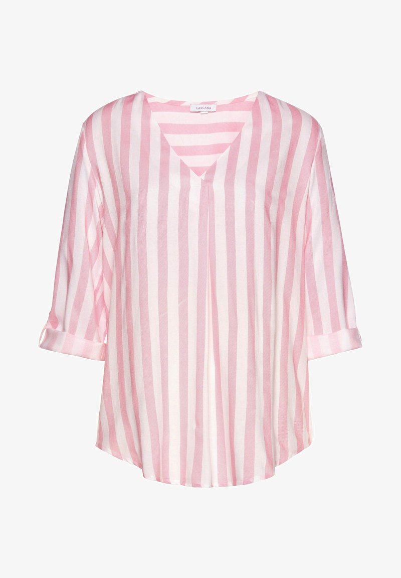 Blusa a righe rosa chiaro e bianca con scollatura a V, maniche a tre quarti arrotolate ai polsi e vestibilità ampia. Tessuto morbido e liscio.