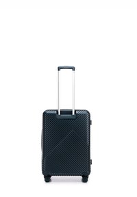 Black hard-shell suitcase with a diagonal ribbed texture, extending aluminum handle, and four wheels for mobility.