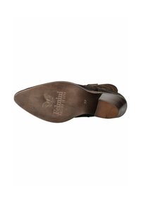 Brown leather shoe sole with a smooth finish, rounded heel, engraved logo, size 37, and visible tread pattern for traction.