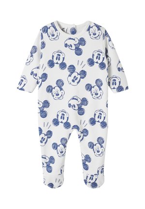 White onesie featuring an all-over blue sketch pattern of cartoon mouse faces, with long sleeves and closed feet for comfort.