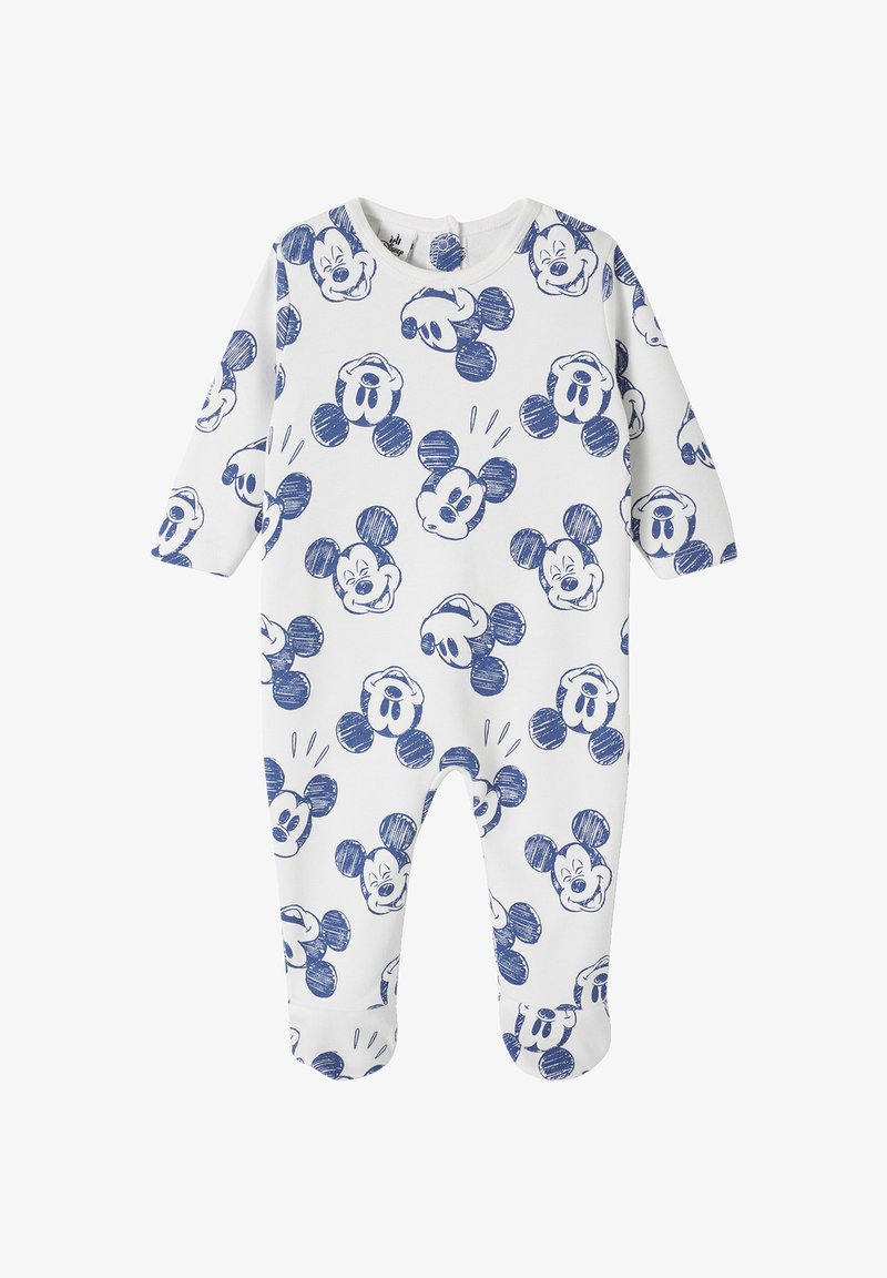 White onesie featuring an all-over blue sketch pattern of cartoon mouse faces, with long sleeves and closed feet for comfort.