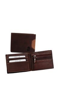 Portefeuille en cuir brun avec une finition texturée, doté d'un accent beige, de plusieurs emplacements pour cartes et d'une poche à pièces zippée. Détail logo en relief.