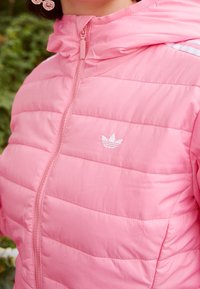 Vaaleanpunainen toppatakkitakki vaakasuorilla tikkauksilla, vetoketjulla edessä ja hupulla. Siinä on valkoiset kolmiraidat ja pieni valkoinen logo.