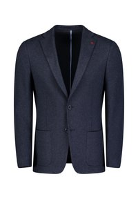 Blazer blu navy in tessuto texturizzato, con chiusura a un bottone, due tasche frontali e un sottile logo accentuato sul colletto.