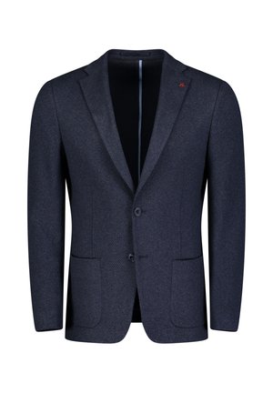 Blazer bleu marine en tissu texturé, avec une fermeture à un bouton, deux poches avant et un accent de logo subtil sur le revers.