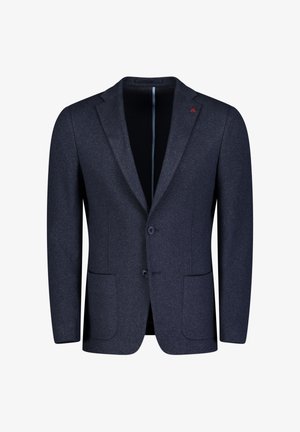 Marineblauwe blazer van textuurstof, met een enkele knoopsluiting, twee voorkruiden en een subtiele logo-accent op de revers.