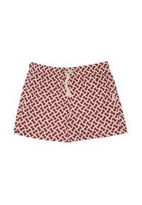 Pantaloni da bagno rossi con un motivo astratto bianco, cintura elastica e cordoncino. Realizzati in tessuto leggero e ad asciugatura rapida.