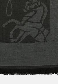 Écharpe tissée noire avec un subtil motif de cheval, surface texturée et bords à franges pour un détail supplémentaire.