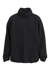 Schwarze Fleecejacke mit hohem Kragen, Reißverschluss, oversized Schnitt, strukturierten Oberfläche und dezentem Logo-Detail auf der Brust.