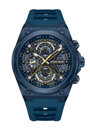 Modra zapestna ura znamke Police z več številčnicami, rumenimi in belimi kazalci, ozadjem s šestkotnim vzorcem ter modrim gumijastim paščkom.