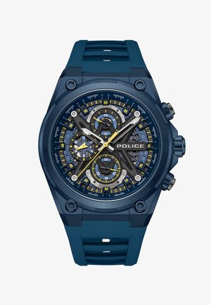 Orologio da polso del marchio Police di colore blu con quadranti multipli, lancette gialle e bianche, sfondo a motivo esagonale e cinturino in gomma blu.