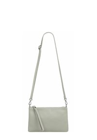 Hellgraue Leder-Umhängetasche mit strukturierter Oberfläche, rechteckiger Form, abnehmbarem Trageriemen und einem Reißverschluss mit seitlichem Handgelenksschlaufe.