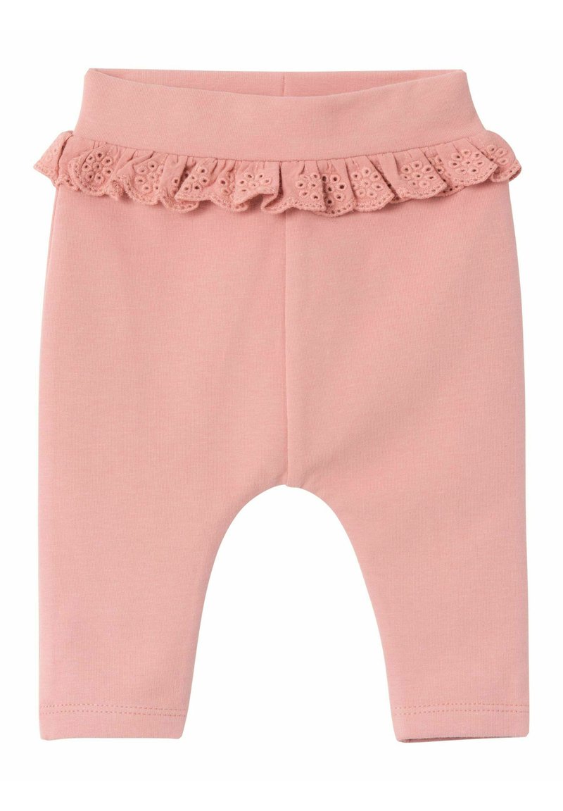 Leggings di cotone rosa con una vita arricciata testurizzata caratterizzata da dettagli in occhio di pernice, tessuto morbido e design aderente.