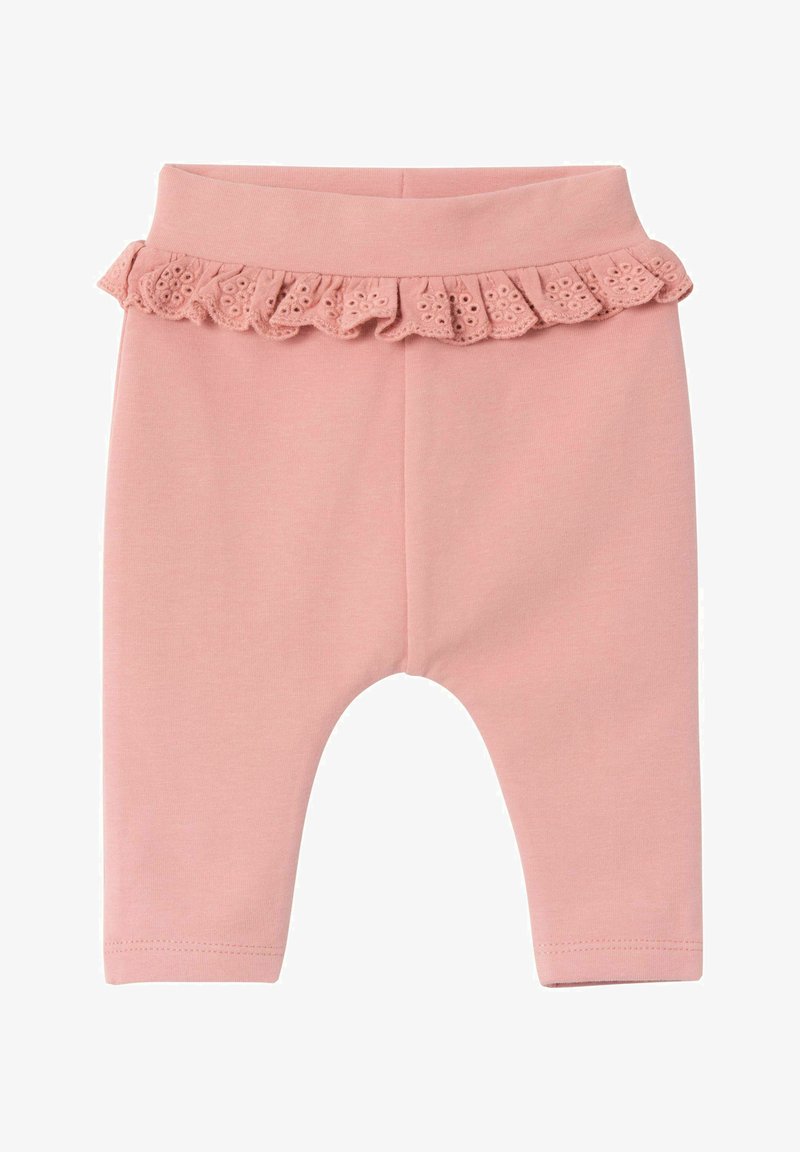 Leggings di cotone rosa con una vita arricciata testurizzata caratterizzata da dettagli in occhio di pernice, tessuto morbido e design aderente.