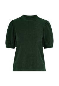 Groene, kortaf gehuurde top van gestructureerde, metallic stof. Heeft een hoge hals en opgeblazen mouwen, wat volume aan de silhouet toevoegt.