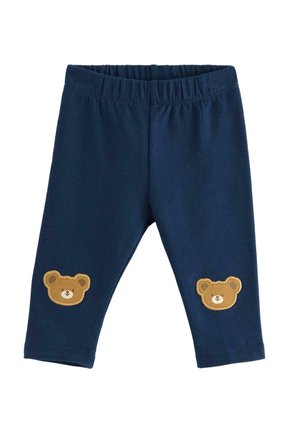 Marinblå leggings gjorda av mjukt tyg med elastisk midja, med två bruna björnsapplikationer på varje knä.