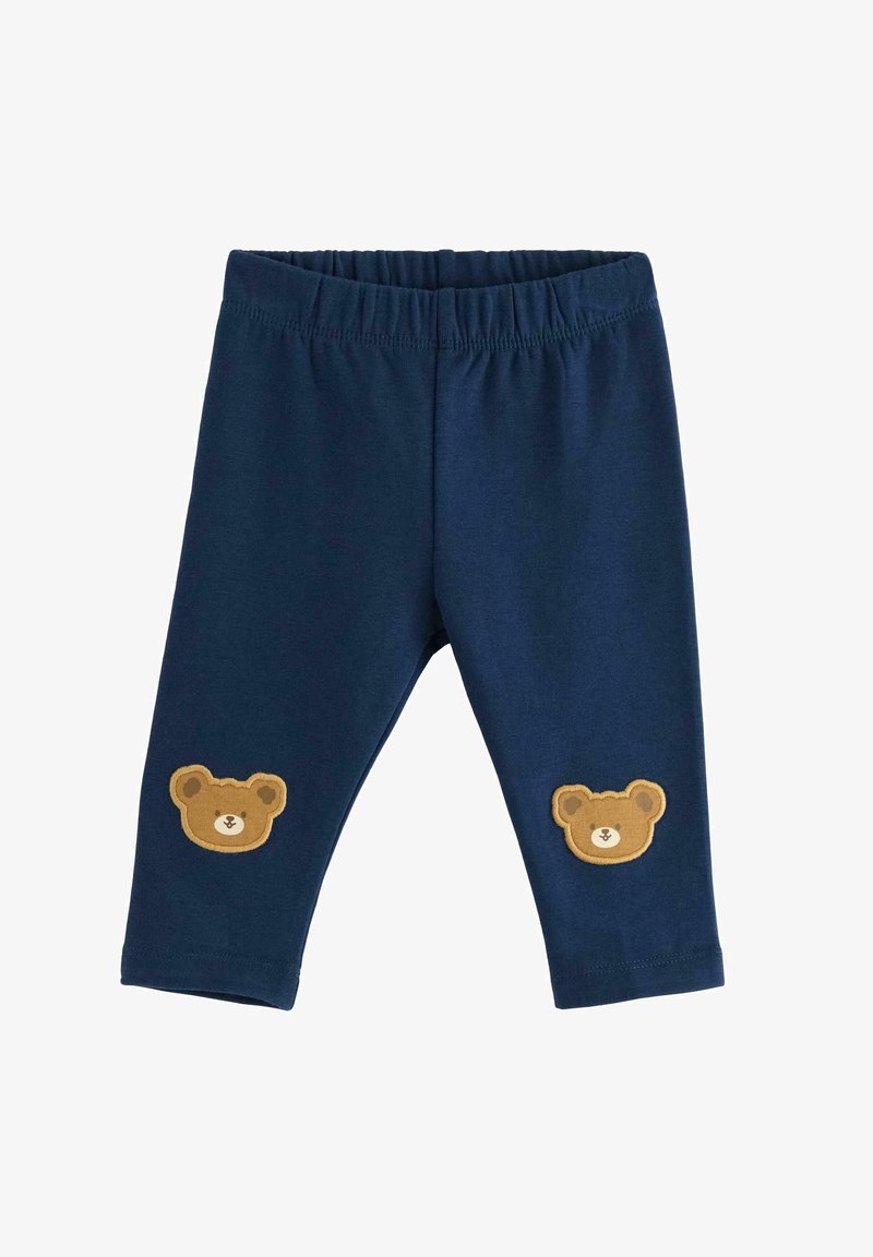 Námořnické modré legíny z měkké látky s elastickým pasem, s dvěma hnědými aplikacemi medvědů na každém koleni.