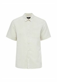 Koszula krótki rękaw w jasnobeżowym materiale, z kołnierzykiem, zapinana na guziki, z jedną kieszenią na piersi oraz subtelnym detalem logo marki.
