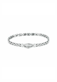 Bracciale d'argento con anelli geometrici interconnessi, un centro piano e sfaccettato, e una superficie liscia e lucida.