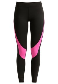 Leggings negros con un diseño ajustado, que presentan acentos rosas en un patrón curvado a lo largo de los lados. Material suave y elástico.
