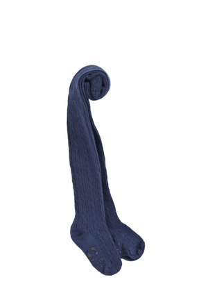 Collants tricotés bleu marine avec une texture côtelée et des étoiles décoratives sur les semelles. Matériau lisse, léger et design ajusté.