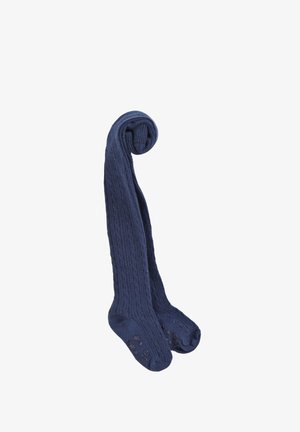 Marineblaue gestrickte Strumpfhosen mit gerippter Textur und dekorativen Sternen an den Sohlen. Glattes Material, leicht und enganliegend.