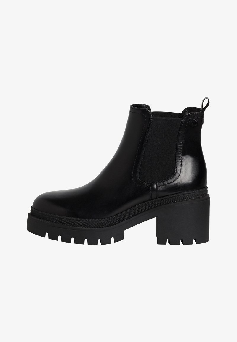Bottine noire en cuir avec talon bloc épais, panneaux latéraux élastiques, languette à l'arrière et semelle à crampons robuste.