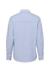 Long-sleeve shirt in blue and white vertical stripes, featuring a straight collar, button cuffs, and a rounded hem. Cotton fabric.
