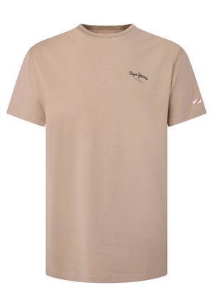 Beżowy T-shirt z krótkim rękawem i okrągłym dekoltem, z małym czarnym logo "Pepe Jeans London" na lewej piersi oraz małą metką na lewym rękawie.