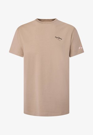 Beiges T-Shirt mit kurzen Ärmeln und Rundhalsausschnitt mit kleinem schwarzem "Pepe Jeans London"-Logo auf der linken Brust und einem kleinen Etikett am linken Ärmel.