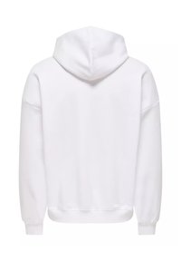 Felpa bianca con cappuccio, maniche lunghe, polsini e orlo a costine, e una texture semplice e liscia. Nessun logo o design visibile sul retro.