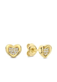 Goldene, herzförmige Ohrstecker mit neun kleinen klaren Steinen in der Mitte, mit hochglänzender Oberfläche und Schmetterlingsverschluss.