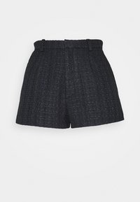 Shorts en tissu texturé noir taille haute avec passants de ceinture et un motif pied-de-poule subtil, présentés sur un fond blanc.