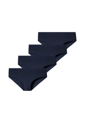 Fire marineblå sømløse bikini-trusser til kvinder arrangeret i en diagonalt overlappende række på en hvid baggrund.