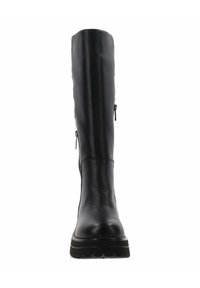 Botín negro hasta la rodilla en cuero liso, con puntera redondeada, cremalleras laterales y suela negra gruesa con un ligero plataforma.