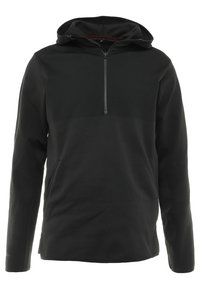 Sweatshirt à capuche noir avec un zip quart à l'avant, doté d'une texture lisse et de deux poches latérales. Design simple et minimaliste.